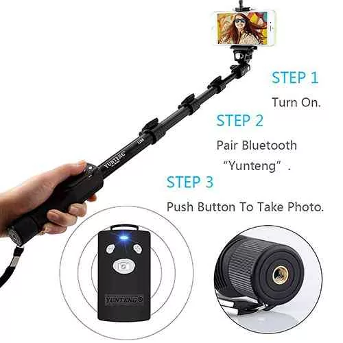 Yunteng YT 1288 Bluetooth Selfie Stick – Black, with Remote Tripods