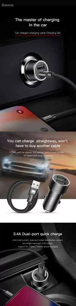 Baseus Small Screw 3.4A Dual USB Car Charger with Type-C Cable for Samsung S9 S8 Xiaomi