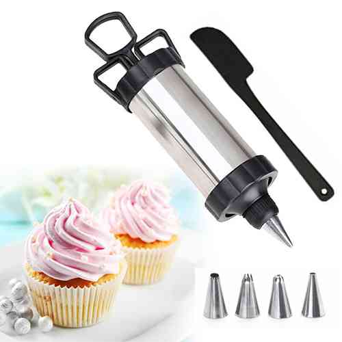 Cake Decorating Piping Gun Pastry Icing Steel Gun 4 Nozzle Tip ido.lk