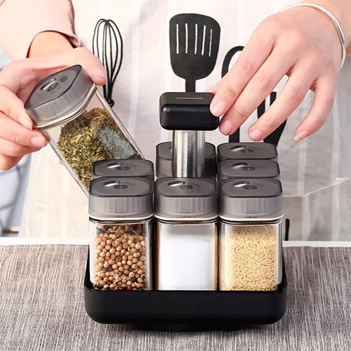 9Pcs Rotating Spice Rack Glass Jar Spices Container Kitchen & Dining