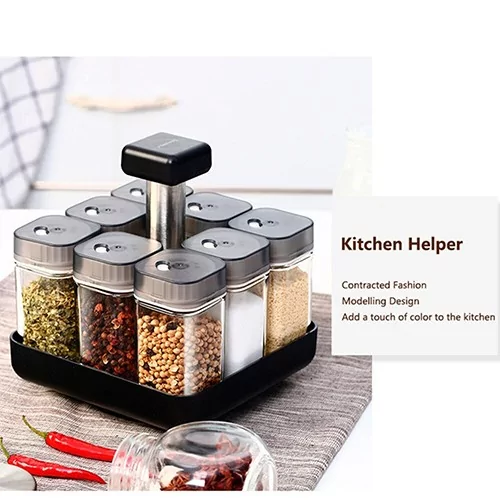 9Pcs Rotating Spice Rack Glass Jar Spices Container Kitchen & Dining