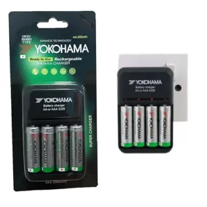 YOKOHAMA Battery Charger with 4 AA Rechargeable Batteries 2000mAh Battery