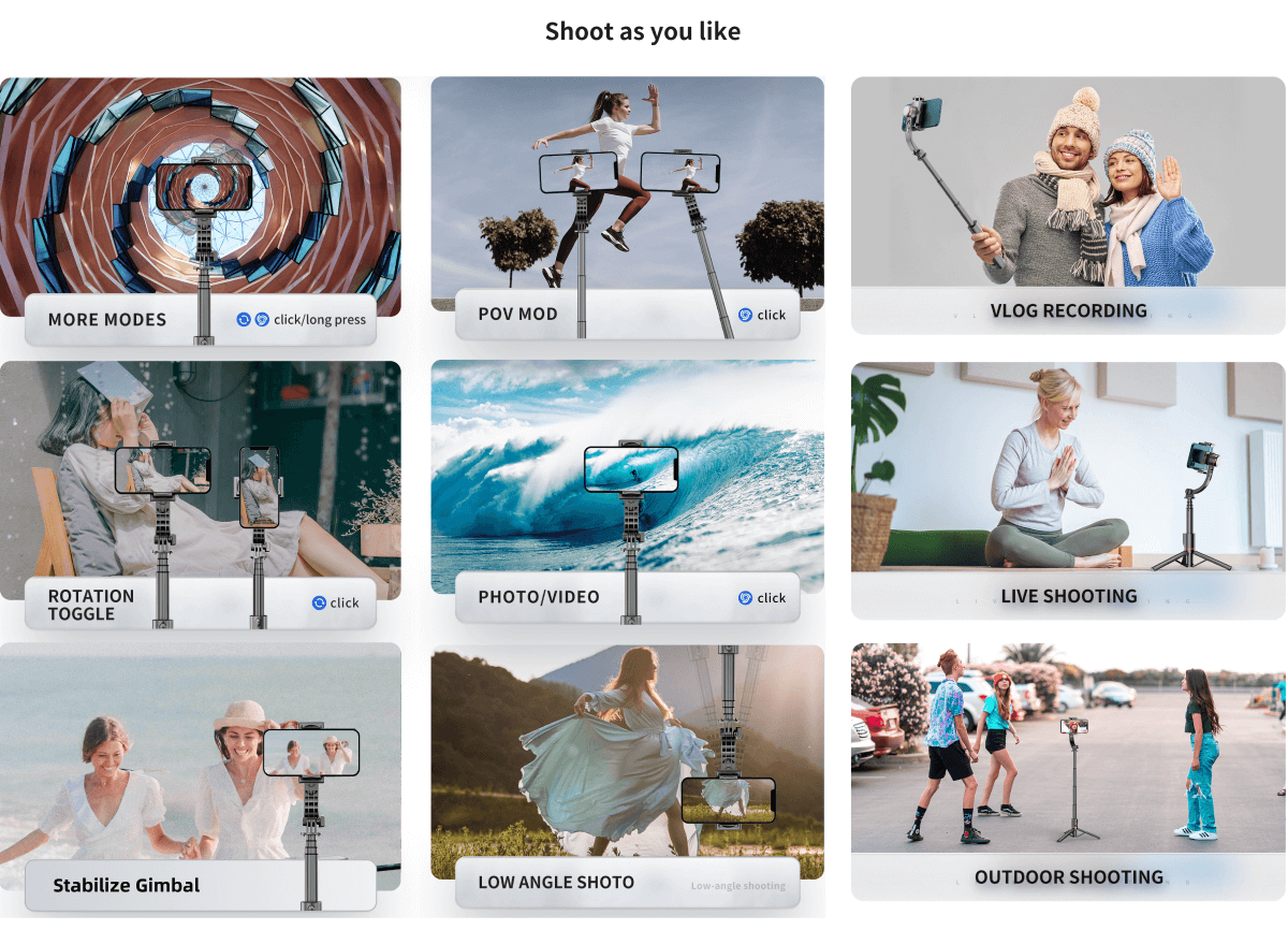 People use the various functions of L19s for shooting, such as "ROTATION TOGGLE, Stabilize Gimbal, POV MODE, PHOTO/VIDEO, LOW ANGLE SHOT, VLOG, LIVE, OUTDOOR SHOOTING."